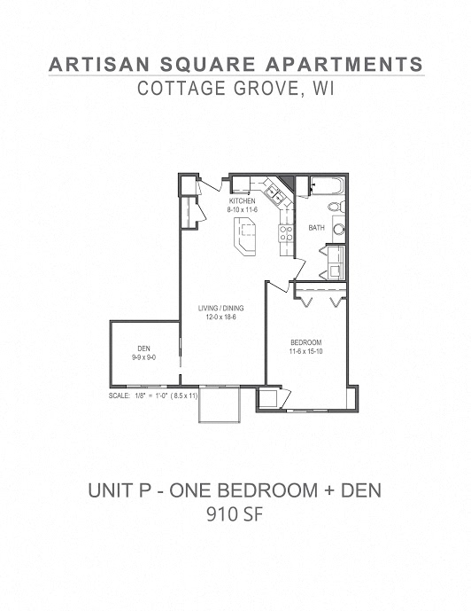 Floor plan for 1 bed, 1 bath, 910 sqft
